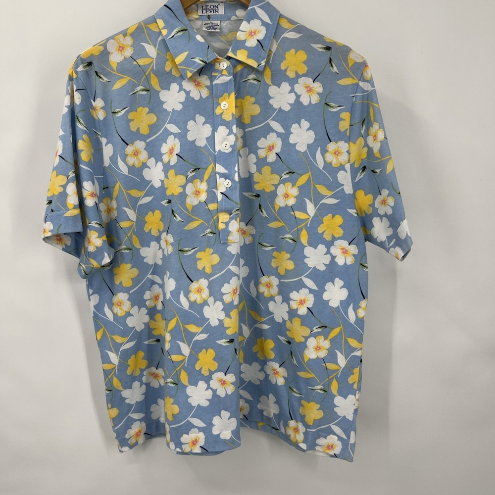 Leon‎ Levin Golf Polo Shirt Womens XL Blue Cotton Blend Short Sleeve Cottagecore